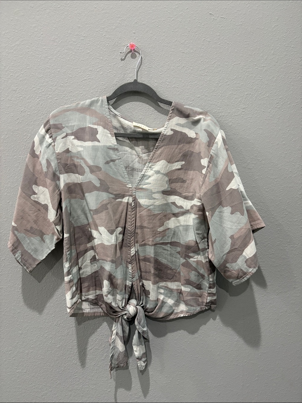 lovestitch Camo Tie-Front Top in Blush and Gray